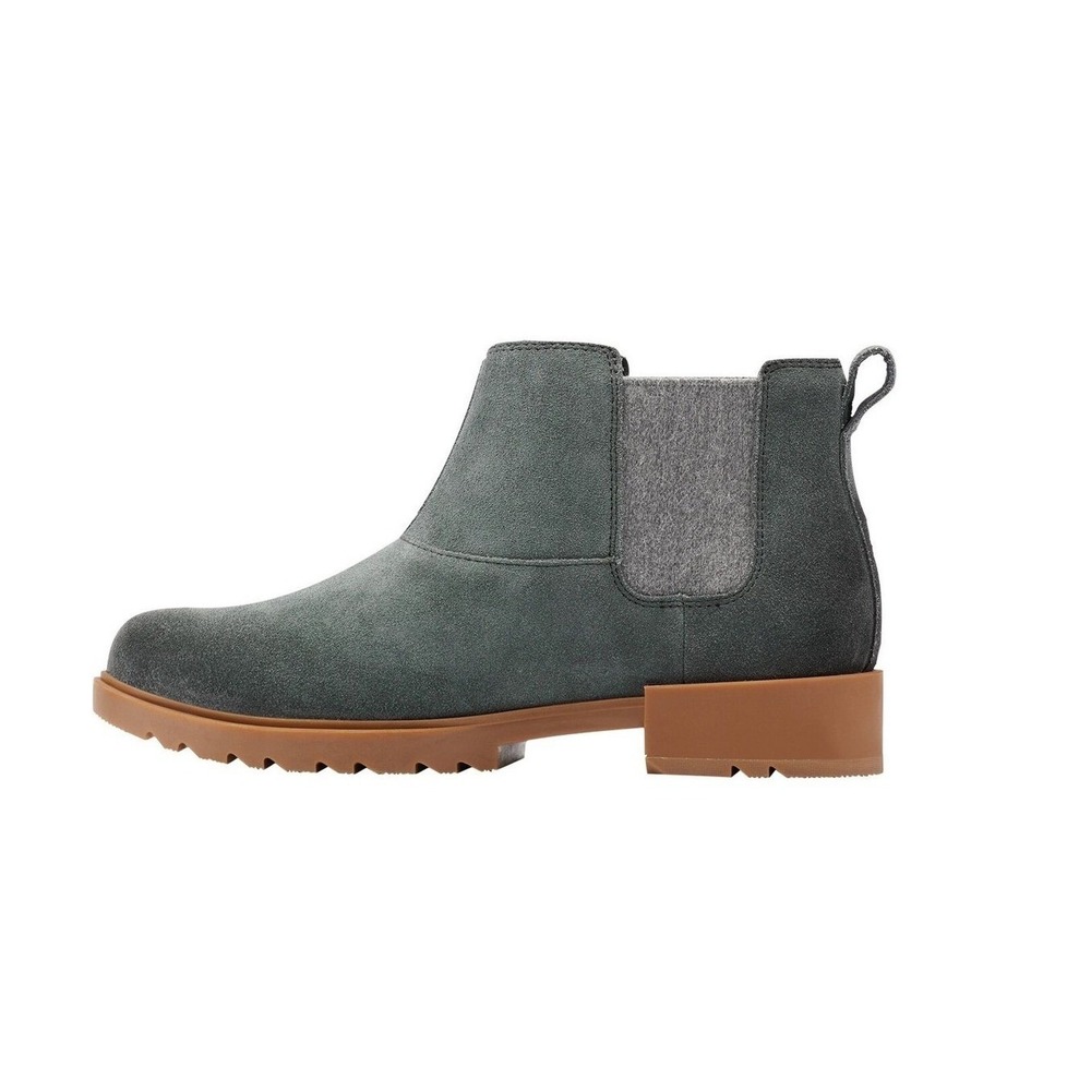 Sorel Grey Suede Emelie II Chelsea Boot Dark Moss Chunky Waterproof Size 8.5